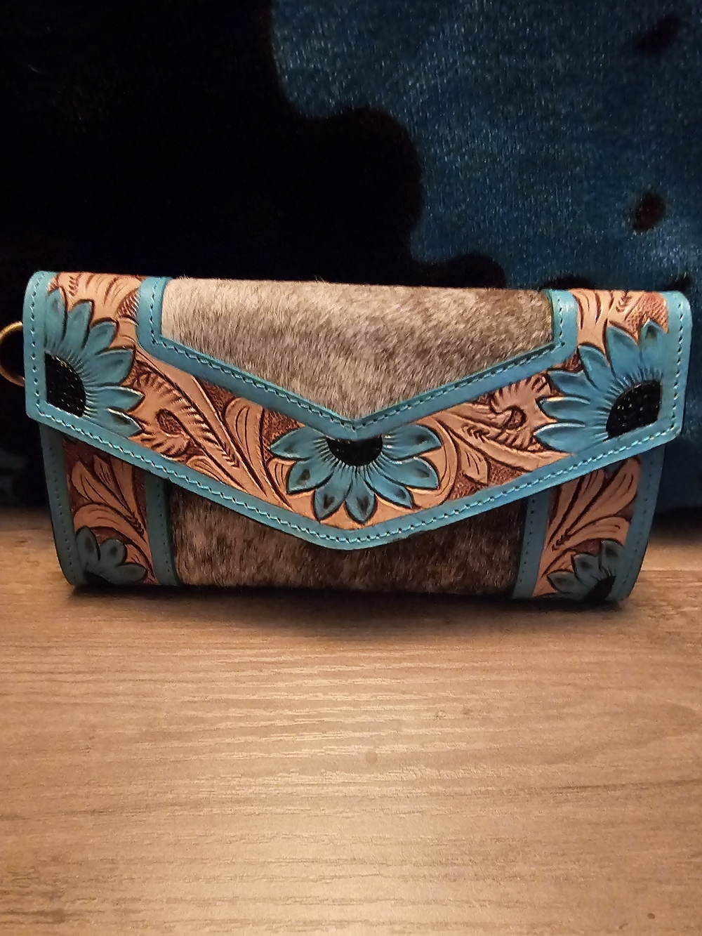 Turquoise Floral Tooled Leather & Hair-on Hide Clutch